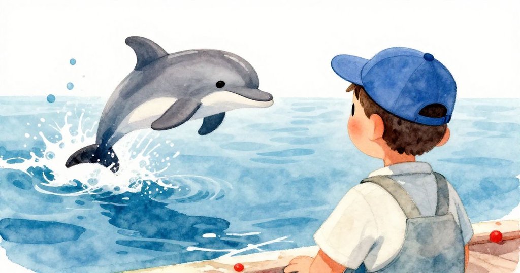 漁夫背影觀望海豚在海浪中快樂躍起,水花四濺,神情充滿驚喜與歡樂,展現大自然的活力