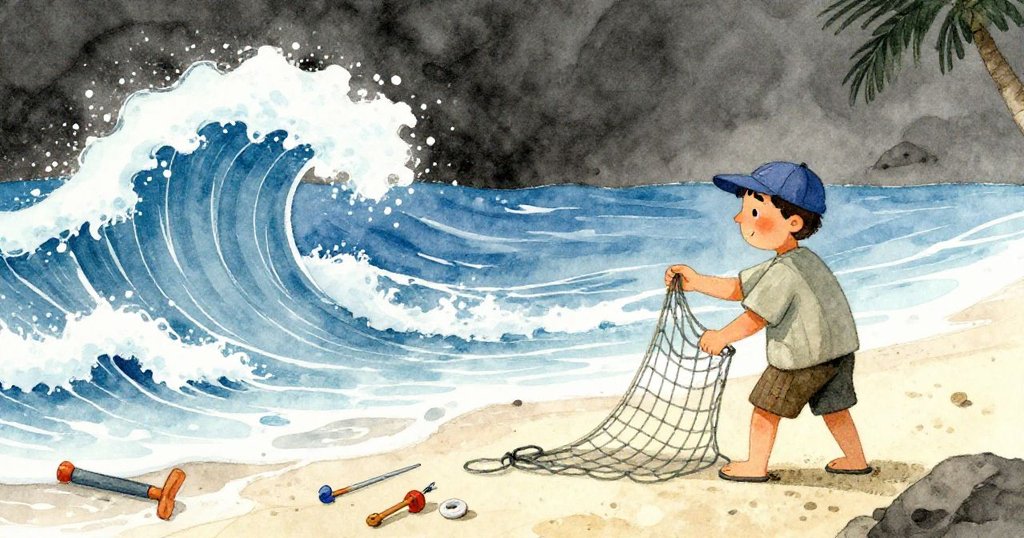 漁夫面對突如其來的巨浪衝擊,冷靜迅速收拾漁網,工具散落海灘,環境劇烈變化中展現堅毅與鎮定