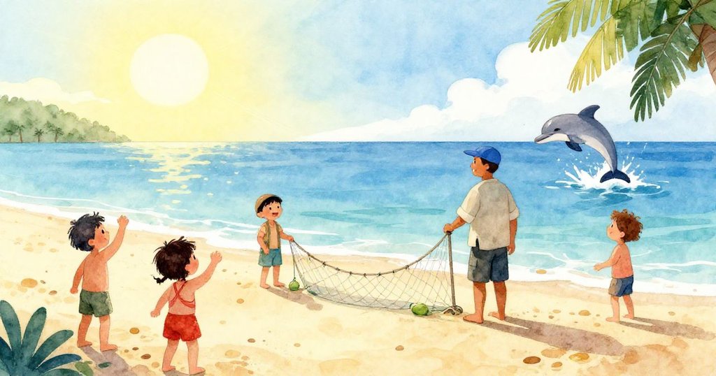 漁夫修復好漁網,當地孩子在海灘上歡呼,海豚伴隨嬉戲,環境重返平靜充滿希望與重生象徵