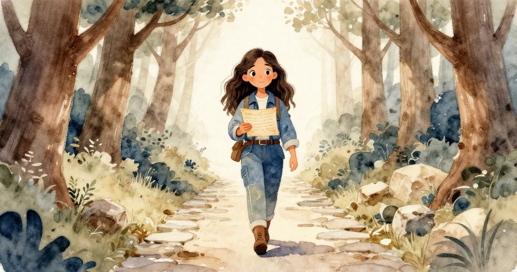 瑪麗娜沿著古老石徑悠然前行，手握神秘古信，背景樹木環繞，面帶期待與寧靜，開始探索奇幻旅程。