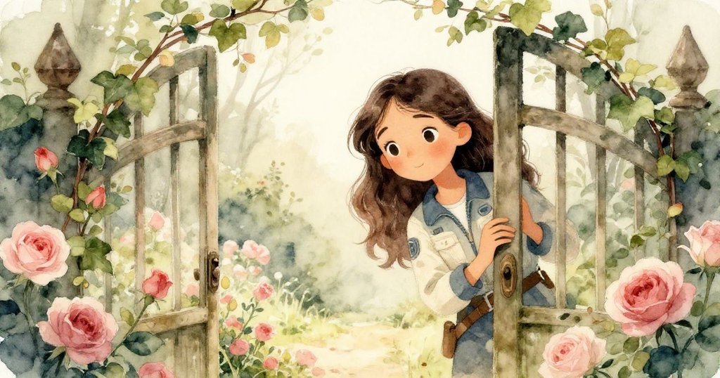 瑪麗娜輕推覆滿青藤的門，透過門縫望向充滿柔光的秘密花園，面露好奇與興奮，展現探索未知的勇氣。