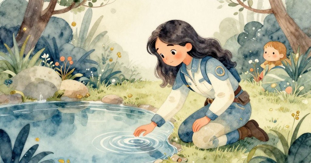 瑪麗娜在秘密花園中的池邊輕觸清水，倒影映出花朵與藍天，神情溫柔且充滿神秘感，展現內心平靜。