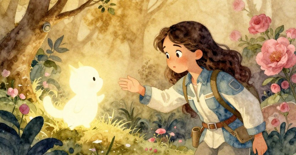 瑪麗娜在落葉與枝條構成的神秘角落中伸手迎向發光生物，臉上滿是驚喜與柔情，見證奇幻時刻。