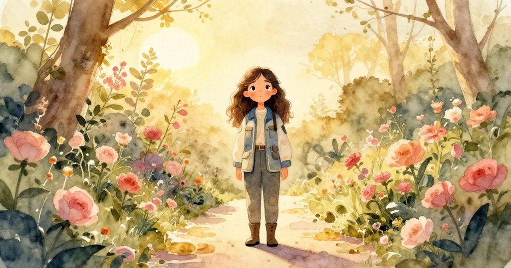 瑪麗娜站在金色夕陽下的秘密花園中，花朵圍繞著她，臉上流露希望與感動，見證神奇轉變。