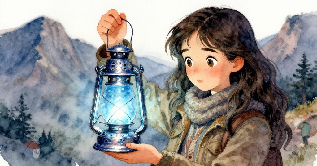 Clara 專注地端詳一盞祖父傳下的神秘燈籠, 電藍與鉻銀細節閃爍, 她充滿好奇與敬意, 展現文化傳承