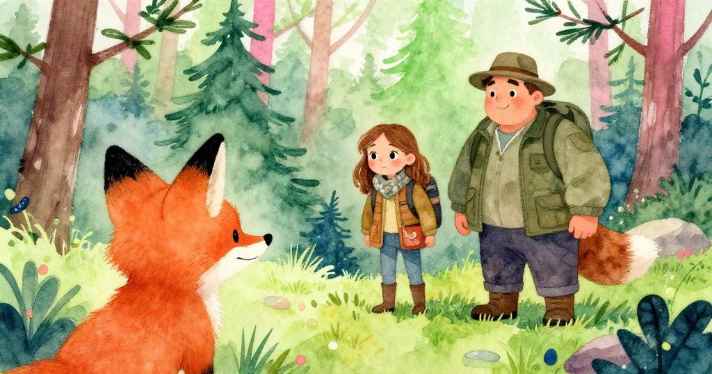 小狐狸從樹叢中窺視, 看到Clara與Samuel於松樹旁密談, 森林透出酸綠與霓虹粉光影, 呈現自然微妙預兆與好奇心