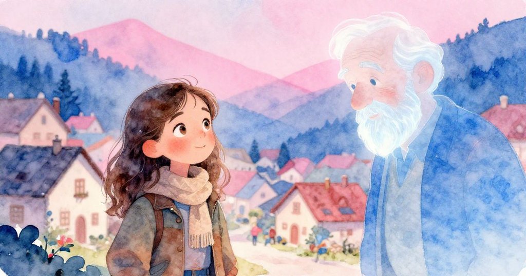 Clara在記憶中重返溫暖山村, 幽柔霓虹粉與電藍映照, 回憶中祖父慈愛語重心長, 景色夢幻朦朧