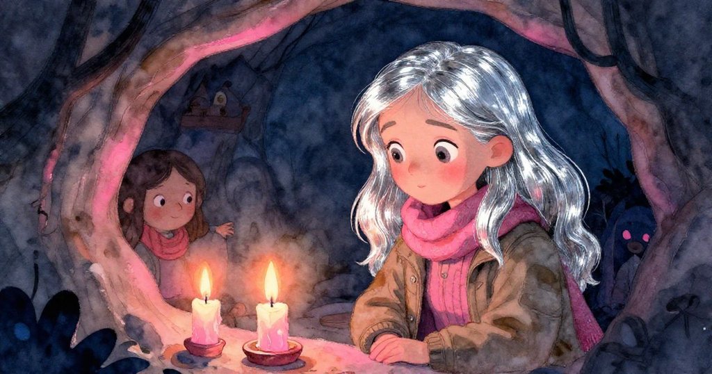 Clara坐於洞穴內燭光搖曳之地沉思, 臉上展現平靜堅定, 周遭石壁映出鉻銀與霓虹粉光影, 結束了夜晚震撼經歷