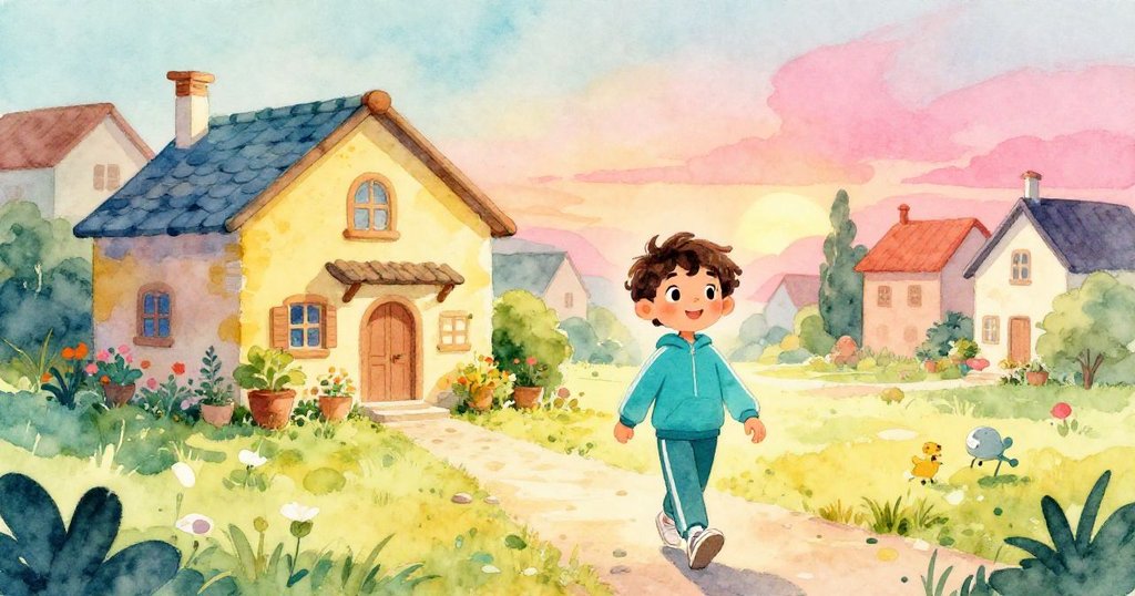 敘述者迎著晨光步入彩色別墅，背景是村莊與溫室，表情充滿期待和喜悅