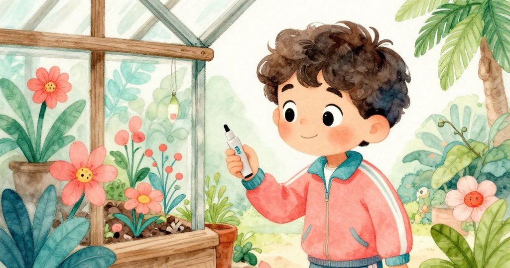 敘述者俯身仔細端詳溫室旁有趣的小牌子，背景顯示花卉與木紋細節，臉上充滿好奇