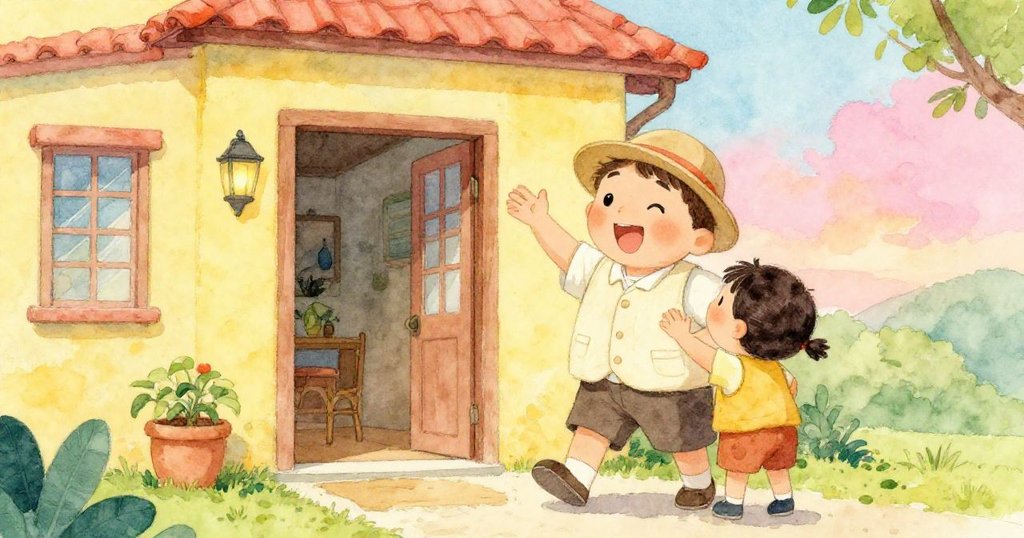 友善導遊從別墅門口熱情揮手迎接，從低角度看顯得格外生動，背景有溫室和彩花