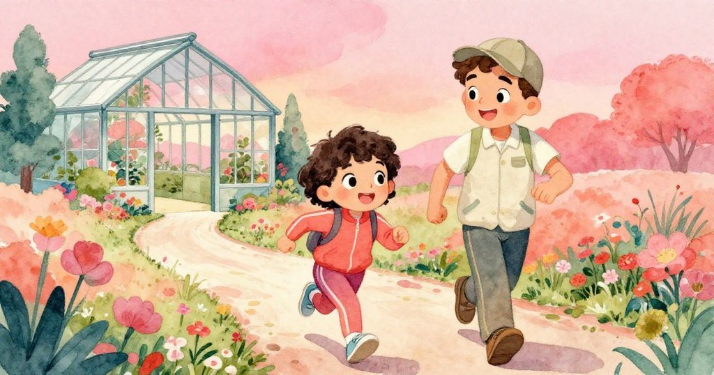 導遊帶領敘述者沿著彎曲小徑奔向藝術溫室，兩人笑臉盈盈，充滿活力與驚喜