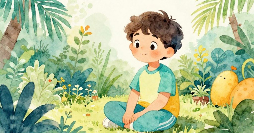 敘述者在花園角落靜坐賞香草，耳邊傳來悠遠鐘聲，臉上掛著平和微笑，場景充滿靜謐與溫暖