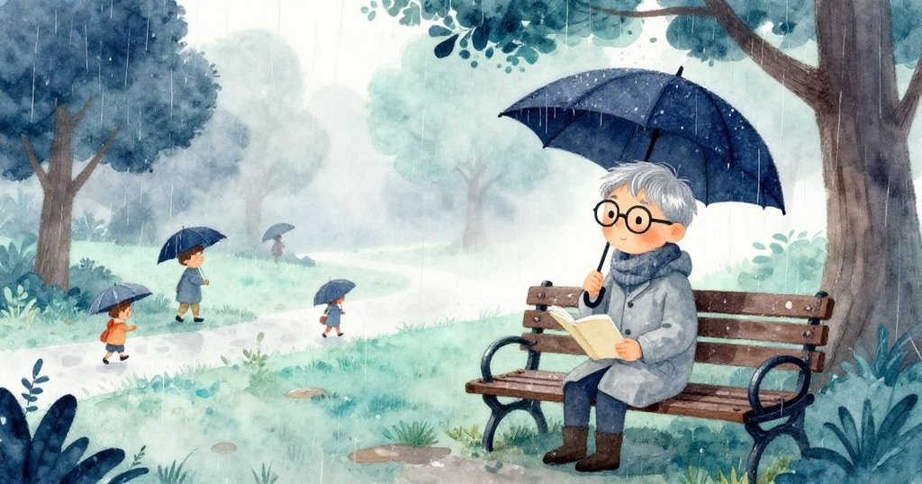 作家坐在濕潤的公園長椅上靜思，雨中有行人和微霧，情境平和，展現故事開端