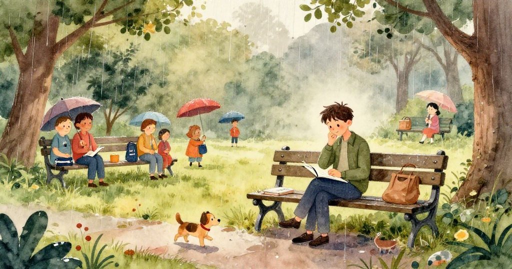 作家的手專注地在筆記本上書寫，雨滴點綴紙面，情感真摯，此畫面細膩展現創作過程