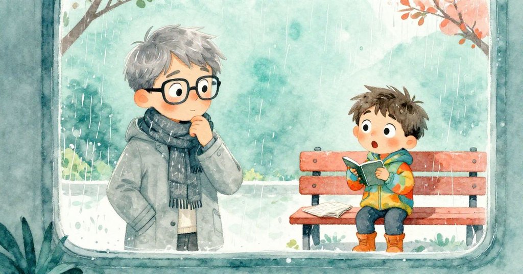 男孩快步走過公園，手握書本透過雨窗觀望，作家驚喜對視，情感交織展開故事發展