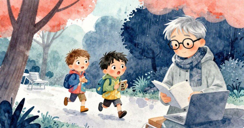 男孩突然停步，眼神充滿驚奇，作家露出驚喜微笑，雨中相遇瞬間充滿期待與溫暖