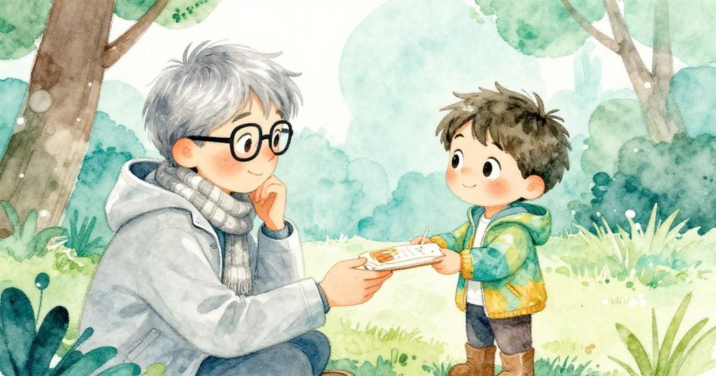 男孩將心愛書本傳向作家，雙方交換溫暖目光與微笑，情誼在小小禮物中萌芽，故事迎向結局