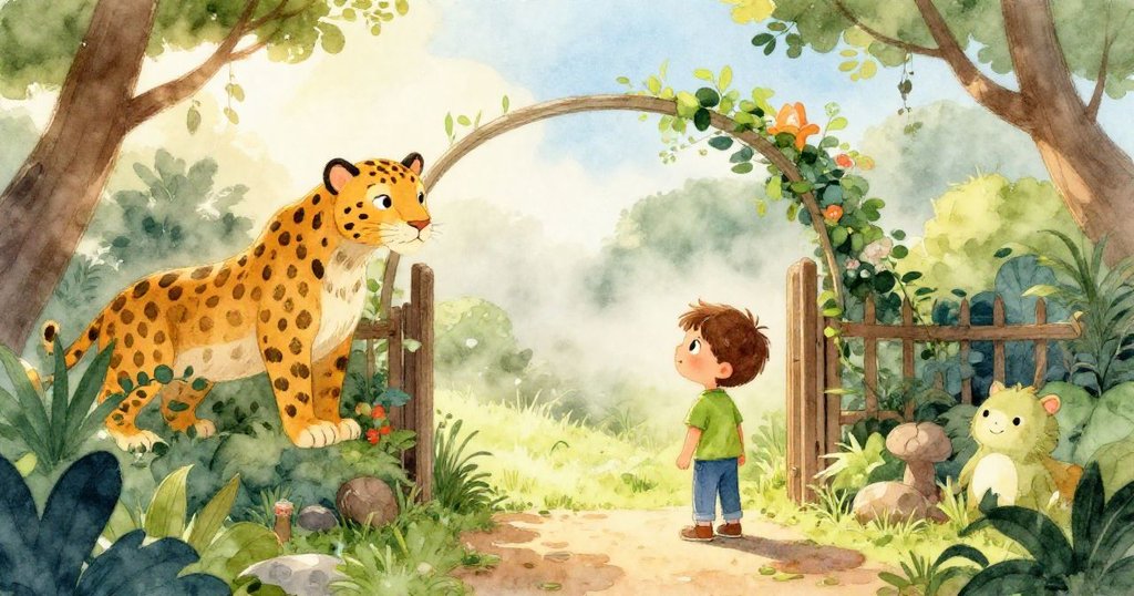 亞歷克斯在晨霧中走進動物園入口,好奇地觀察一幅色彩鮮豔的黑豹畫作,背景展現柔和陽光與綠意盎然的自然景致。