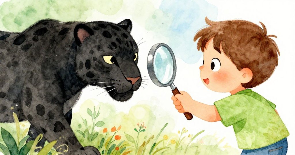 亞歷克斯的手拿著放大鏡仔細觀察黑豹畫作的精細筆觸,細節豐富且充滿探索精神,畫面呈現溫和光影效果。