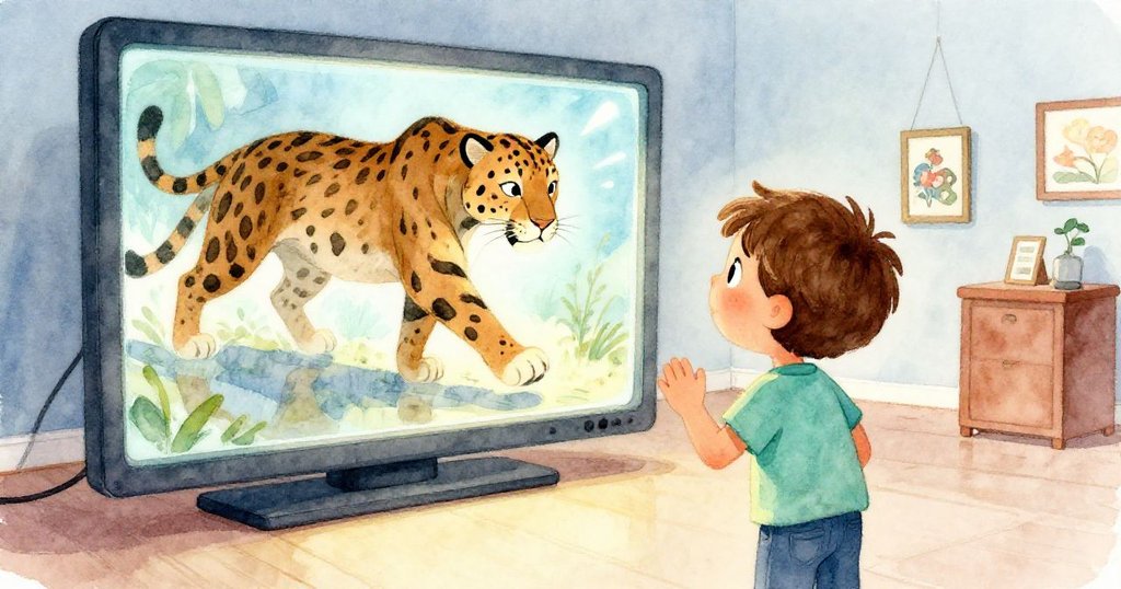 亞歷克斯在展廳內注視發光螢幕,他的倒影與螢幕上的野生黑豹重疊,營造出充滿奇幻與驚喜的感受。