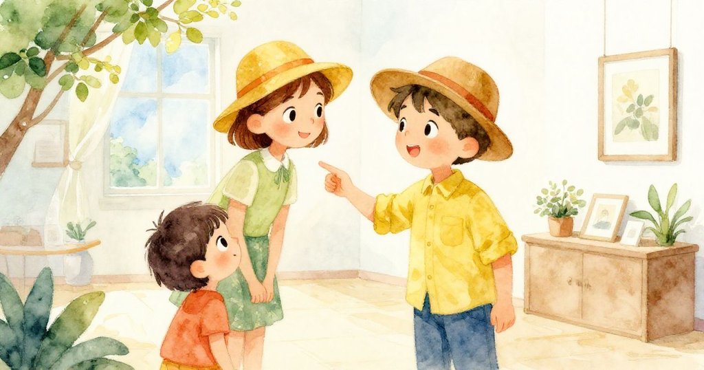 亞歷克斯與戴亮帽的導覽員在展覽中互動,柔風吹拂展品與葉片,充滿溫馨知識分享與興致盎然的情趣。