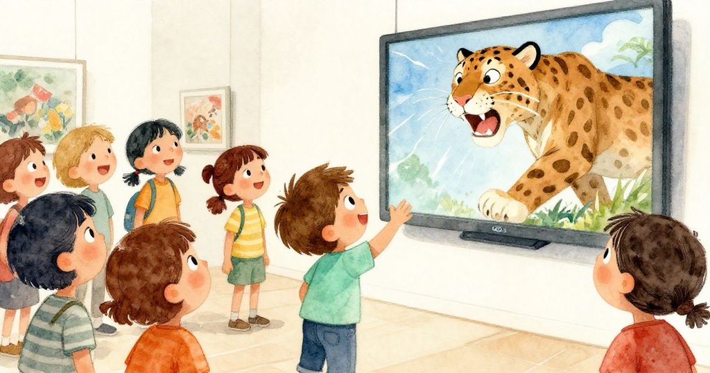 亞歷克斯與其他參觀者聽到黑豹視頻中傳來的驚人咆哮,臉上表情充滿驚喜與喜悅,展現出瞬間的緊張與共鳴。