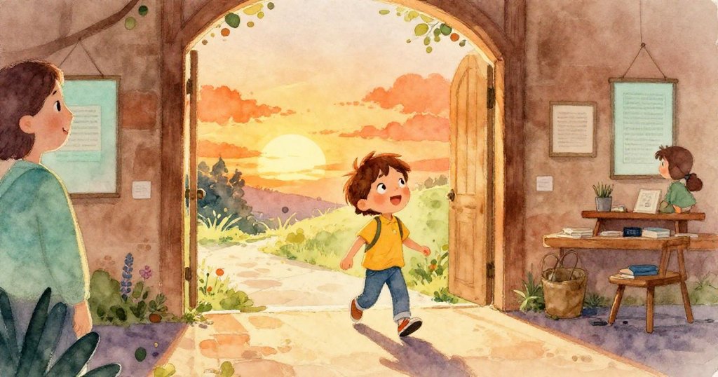 亞歷克斯在夕陽餘暉中滿懷喜悅地離開展覽館,快樂地走在自然照耀的出口大道上,心中滿是期待與回憶。