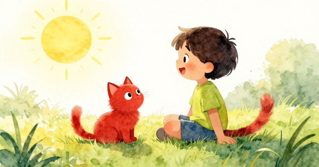 小孩和紅貓在草地上形成剪影,早晨的金色陽光照射下,孩童欣賞貓咪,充滿溫暖與希望的開始