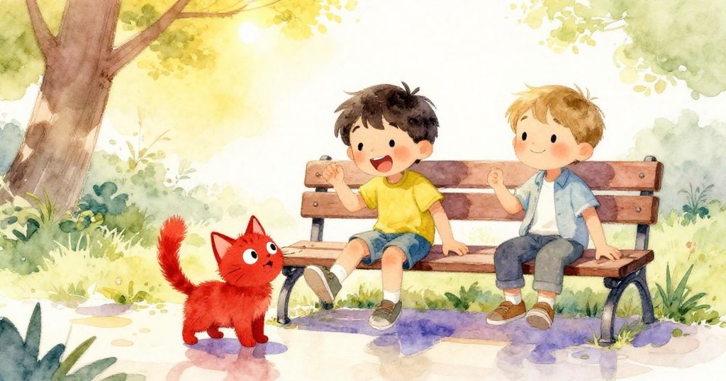 小孩與小男孩在公園長椅上坐下,紅貓在旁嬉戲,水面清晰映出他們快樂笑容,充滿生動互動