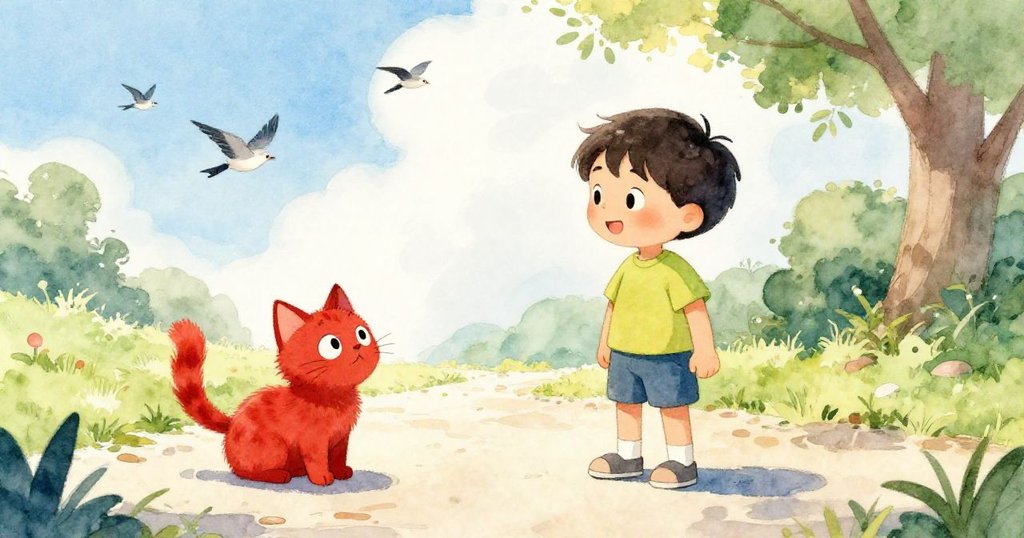 小孩與紅貓沿著蜿蜒小徑漫步,陽光明媚下影子拉長,鳥兒翱翔歌唱,呈現由早晨至午後的自然美景