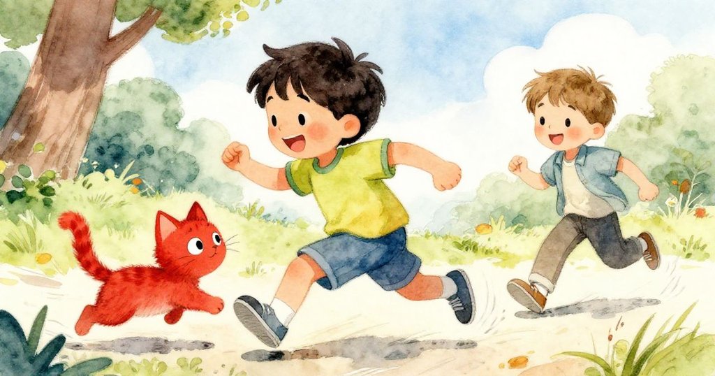 小孩與小男孩活力奔跑,紅貓嬉戲追逐,背景逐漸轉向家園,動感畫面展現追趕的快樂與活力