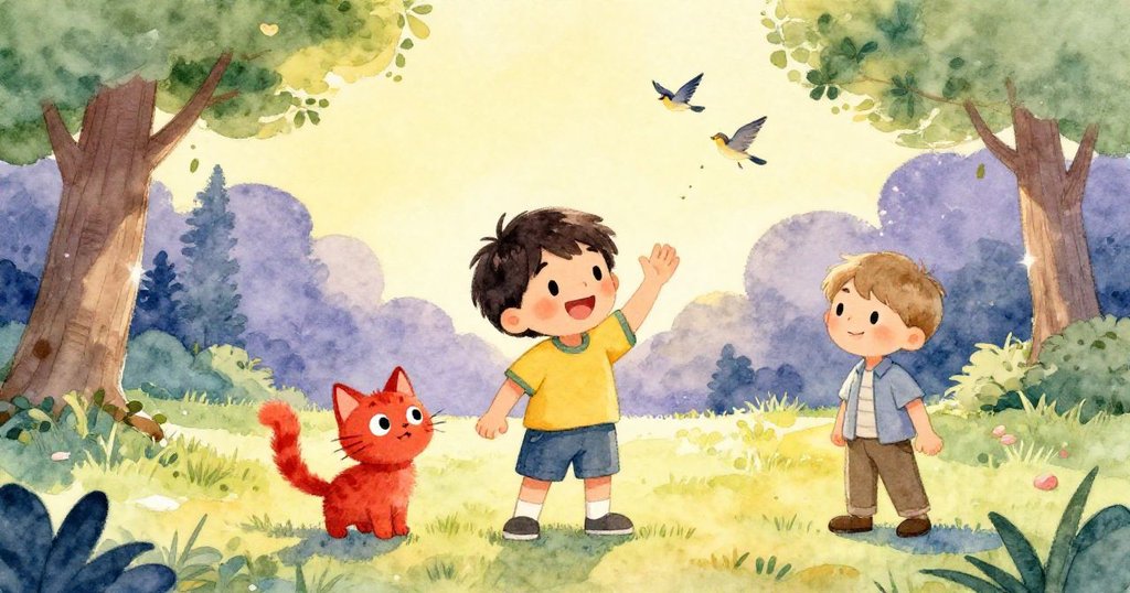 小孩在寧靜的公園中微笑揮手告別,紅貓安靜陪伴,小男孩在旁,綠樹與鳥鳴營造出平和溫馨的結尾
