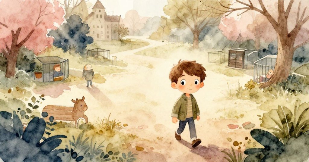 亞歷克斯在寒冷晨光中踏入寧靜的公園,從鳥瞰視角展現充滿古樸色彩的動植物與溫柔晨風。