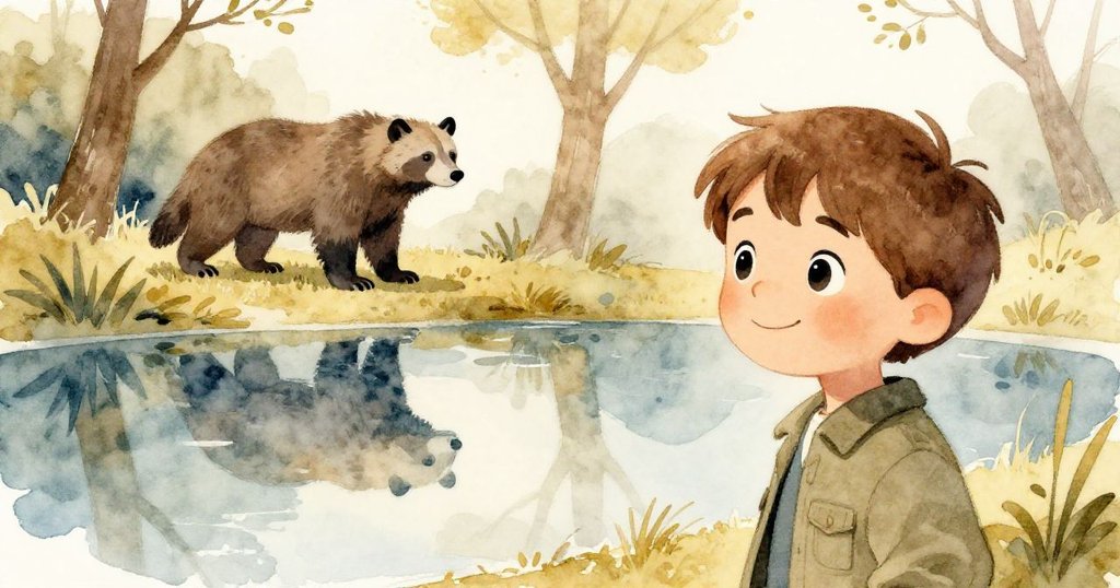 亞歷克斯在寧靜池邊觀看水中倒映出狼獾與樹影,柔和晨光烘托出自然與安全環境的韻味。