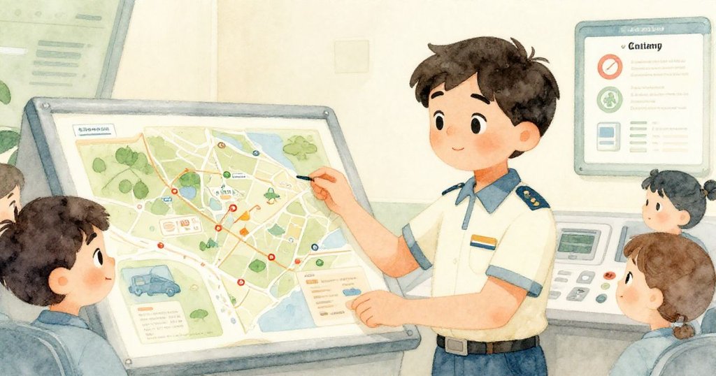 公園導覽員在室內控制室中專注檢視詳盡地圖,調整動物邊界,展現專業與親切,環境整潔安全。