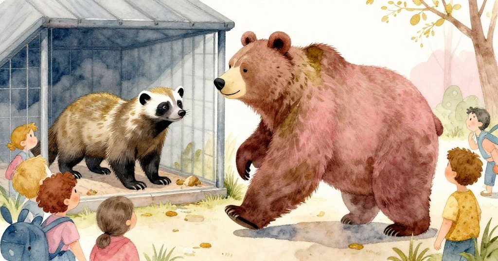 熊大膽闖入狼獾區,現場輕微騷動中遊客驚訝望向動物互動,氣氛熱鬧卻安全有序。