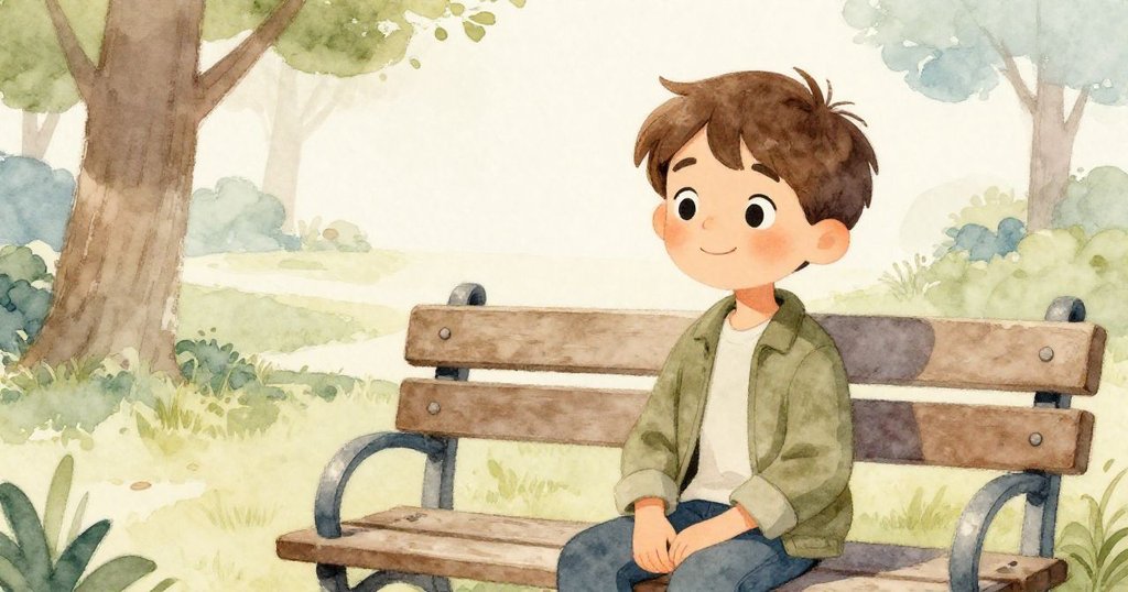 亞歷克斯坐於公園長椅上放鬆心情,深呼吸享受自然寧靜與溫暖夕光,臉上流露安心微笑。