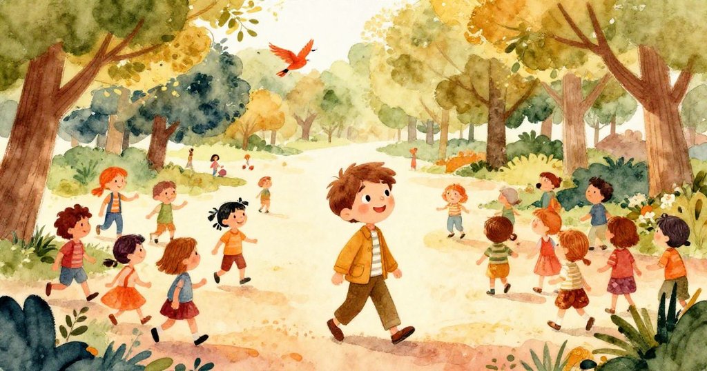 亞歷克斯在公園中悠然散步，綠樹成蔭，陽光明媚，旁邊有玩耍的人群和飛舞的小鳥，臉上充滿期待與快樂