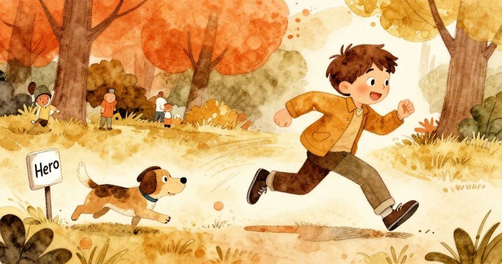 亞歷克斯充滿活力地追逐流浪狗，旁邊有標有「hero」的小牌，整個畫面從斜角展現出追逐的動感和快樂