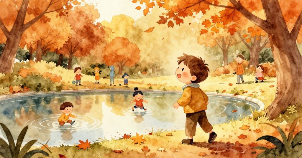 在金色陽光下，公園池塘邊孩子們嬉戲，樹葉紛飛帶來秋意，亞歷克斯在遠處觀望，場景充滿溫暖和節日氣氛