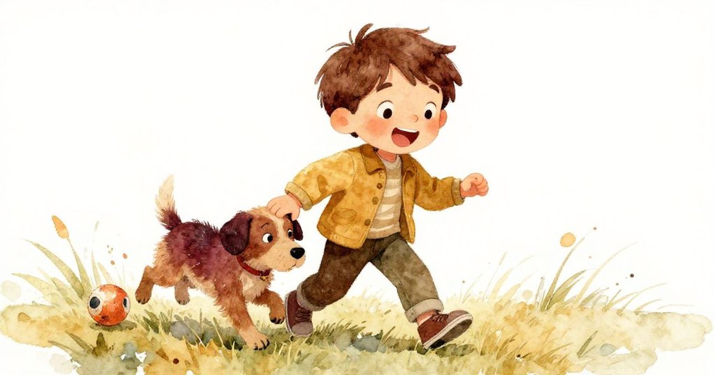 亞歷克斯驚喜地發現滾動在草地上的球，流浪狗自豪地叼著球，臉上充滿陽光般的笑容，場景彌漫著愉快氣氛