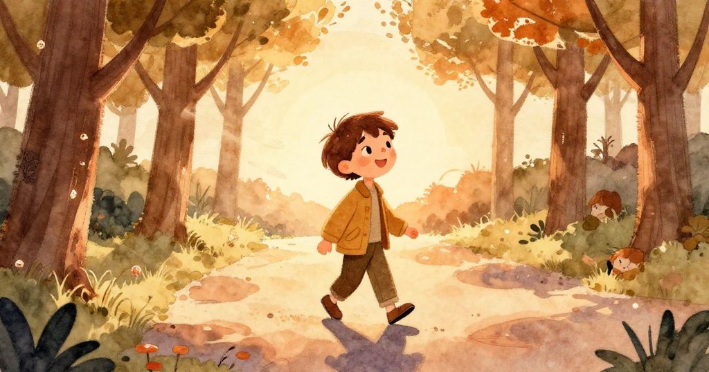 黃昏時分，亞歷克斯慢步走在樹蔭小徑上，光影柔和，微風輕拂，臉上流露出一天探險後的平靜與滿足