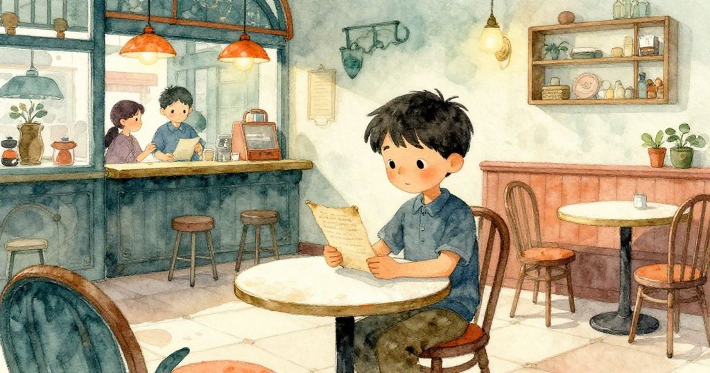 亞歷克斯坐於古色古香的咖啡館中，輕握泛黃信件沉思，燈光柔和映出過往記憶，情緒內斂中帶著期盼。