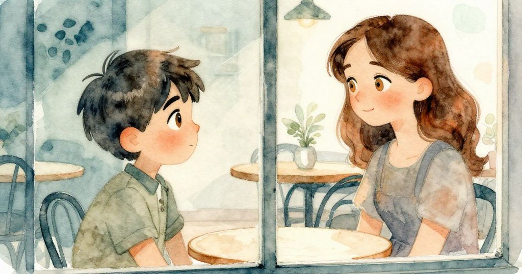 亞歷克斯透過窗戶反射看見溫柔女子，眼神充滿驚喜與希望，室內燈光與月光交織出動人氛圍。