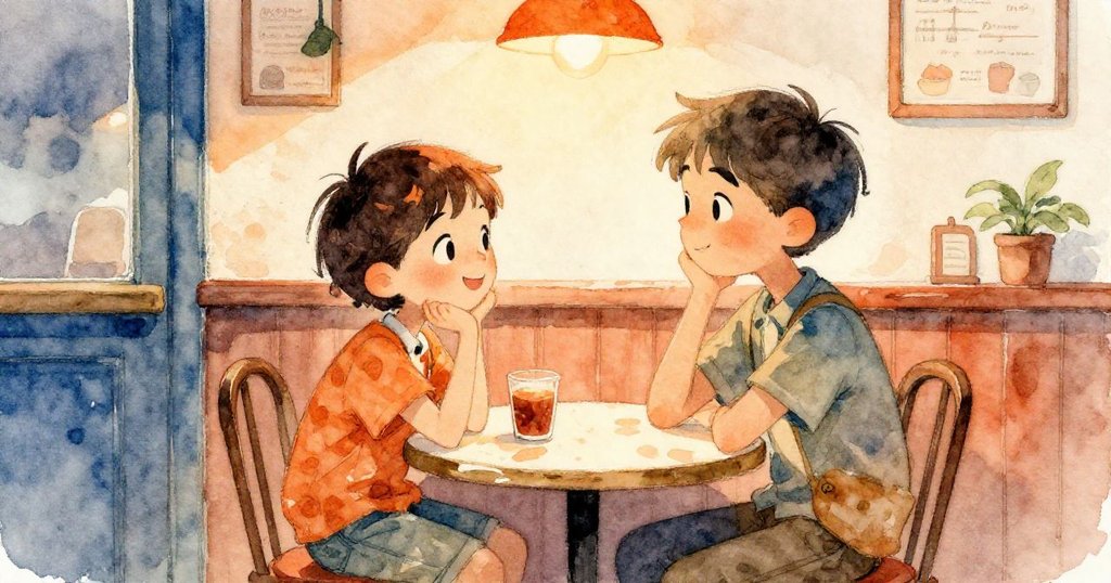 亞歷克斯在咖啡館中迎接兒時好友重逢，笑容滿面，室內燈光明亮轉暖，充滿懷舊與希望的情懷。