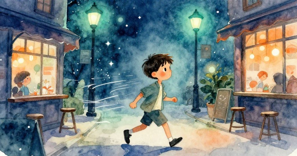 亞歷克斯邁步離開咖啡館，走進涼爽夜色中，腳步動感光軌交錯，象徵決心與新生希望。