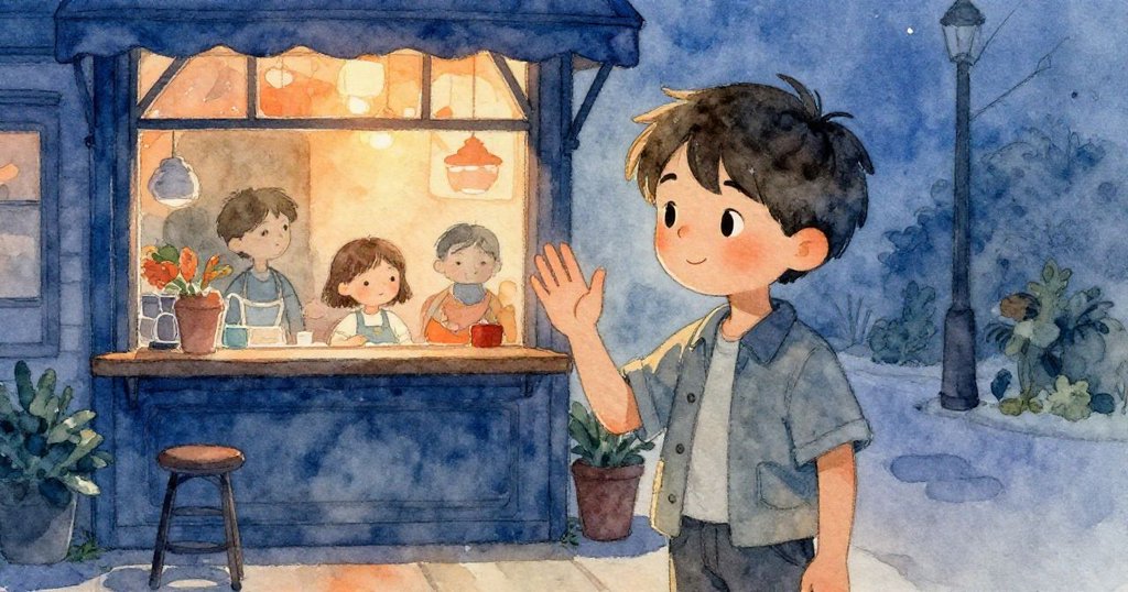 亞歷克斯於夜色中回首告別溫暖咖啡館，展現堅定微笑與揮手告別過去的情懷，充滿期待與平靜。