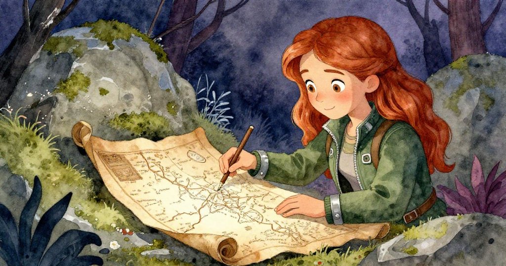 Elena在清幽林間發現覆滿青苔的石頭下藏著古舊地圖，充滿神秘感與歷史氛圍，目光中流露出驚奇。