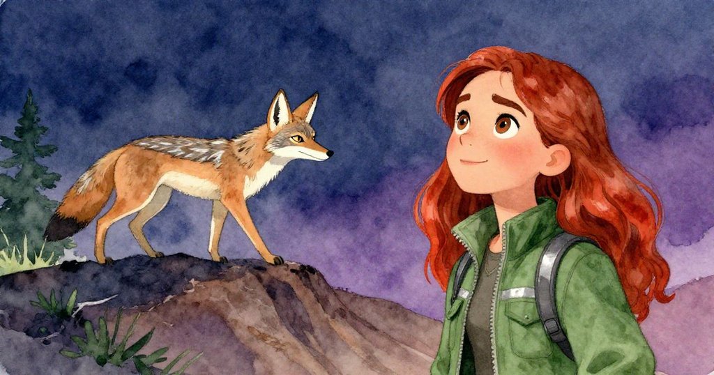 Elena在低角度中仰望遠方，堅定目光注視著靜謐中行走的野生郊狼，展現出人與自然和諧共處。